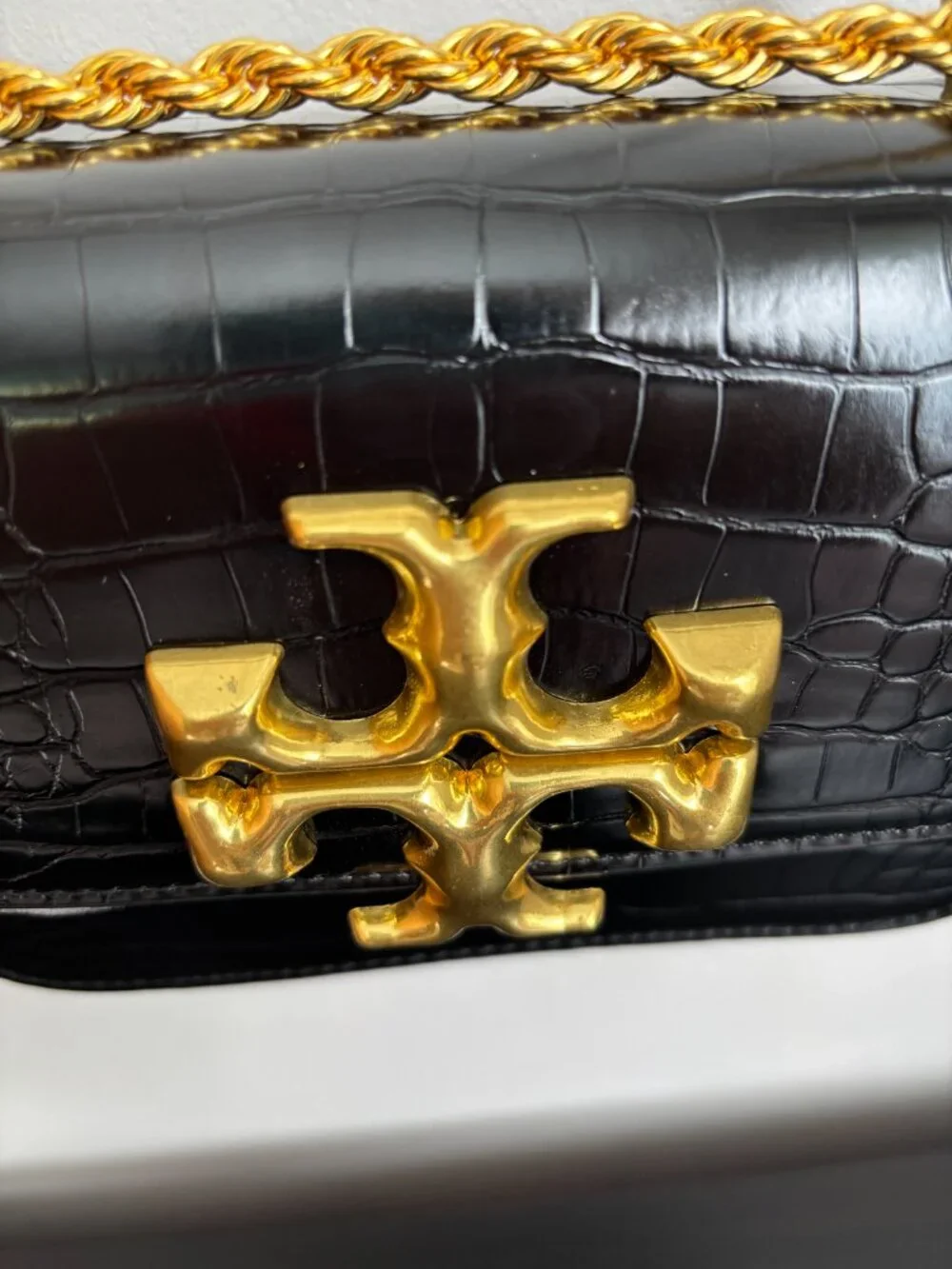 Tory Burch Eleanor Small Convertible Shoulder Bag Black Croc-Embossed Leather